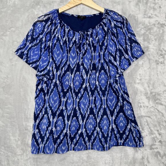 Talbots Blouse Womens XLP Petite Ikat Print Short Sleeve Tie Neck Top Polyester - Picture 2 of 9